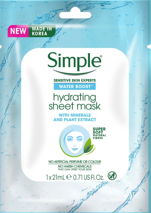Pakke med Simple fuktighetsgivende arkmask med mineraler og planteekstrakt, for sensitiv hud, fremmer mykhet og hydrering.