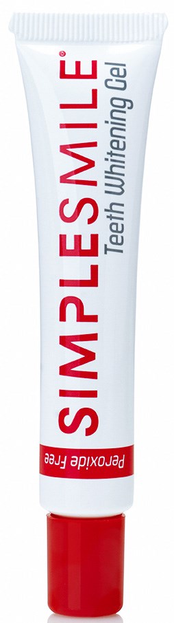 Eine Tube mit Zahnaufhellungsgel in rot und weiß, mit der Beschriftung 'SIMPLES MILLE' und 'Peroxide Free'.
