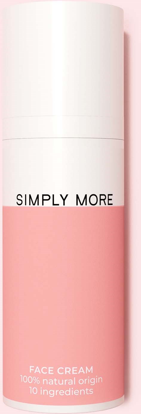 Biała i różowa butelka z tekstem "Simply More Face Cream" i "10 ingredients."