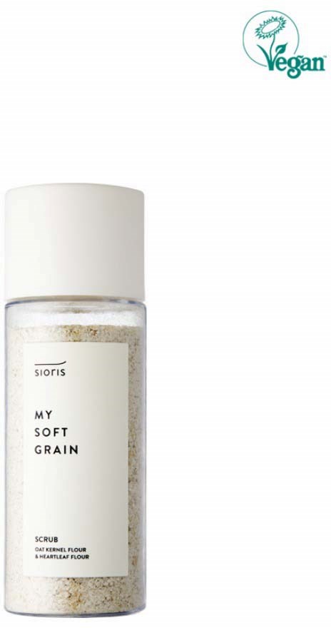 En vegansk skrubb i en klar flaske med hvit hette, merket "My Soft Grain" og med en grønn vegansk logo.