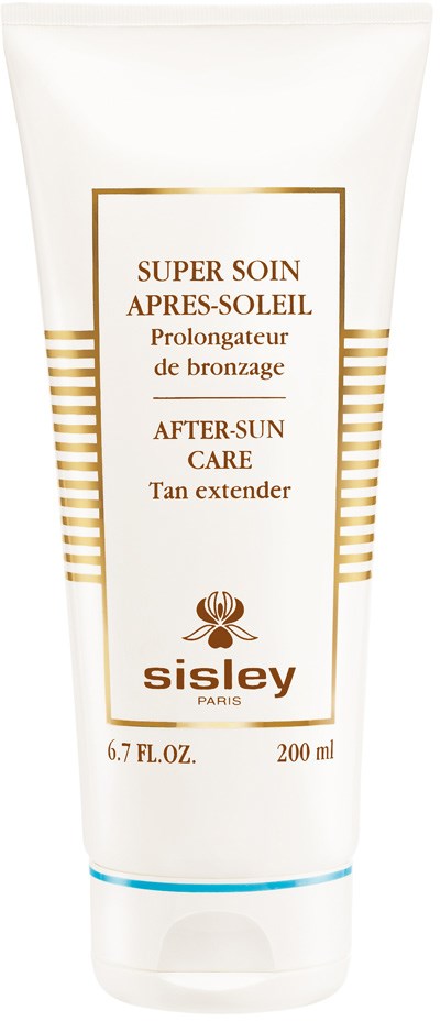 En vit tub av Sisley after-sun-kräm med guldstreck och text, 200 ml.