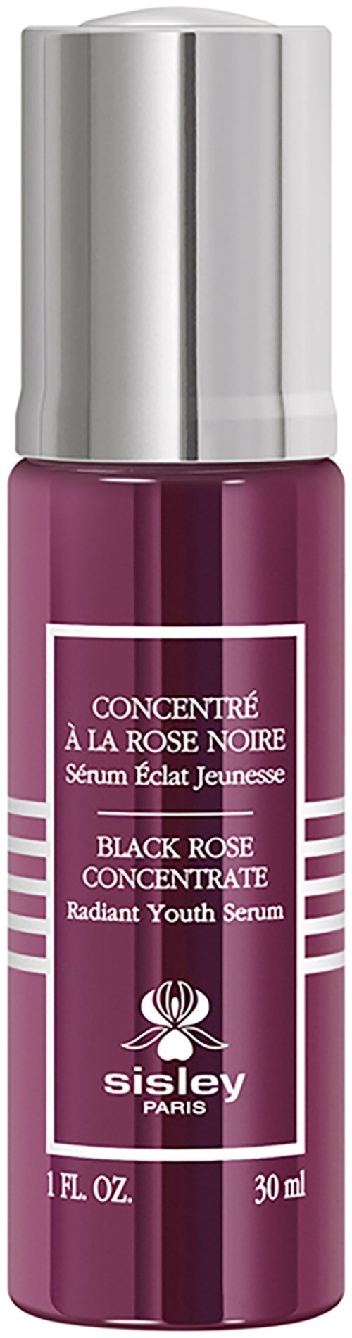 En lila flaska med silverlock, märkt som Sisley Paris Black Rose Youth Serum.
