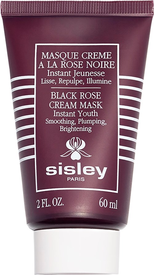 En mörkröd tub med hudkräm med vit text och logo, märkt svart rosen ansiktsmask och ungdomsfördelar.