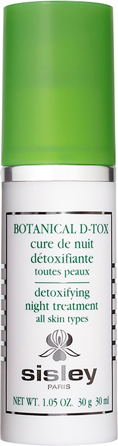 En hvid flaske med grøn hat, mærket Sisley botanisk detox nattbehandling til alle hudtyper.