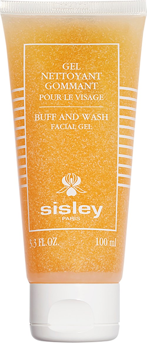 En tub med Sisley ansiktsgel i orange färg med vit text, visar varumärke och produktinformation.