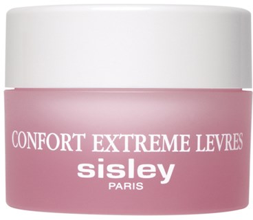 Ett rosa glashus med vit lock, märkt 'Confort Extreme Levres Sisley Paris,' för läppbalsam eller kräm.