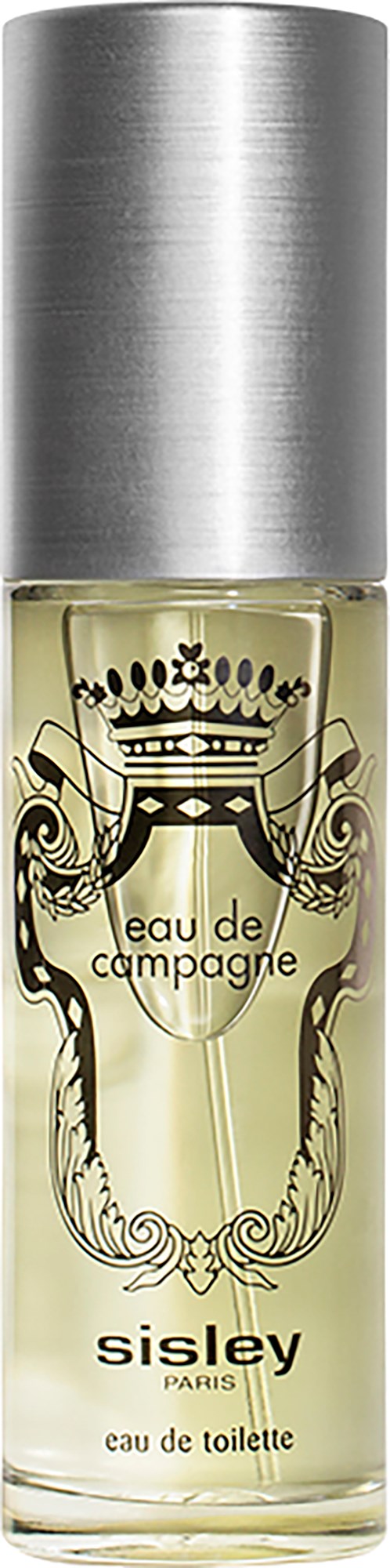 A perfume bottle with silver cap, label says 'Sisley Eau de Campagne', light yellow liquid inside.