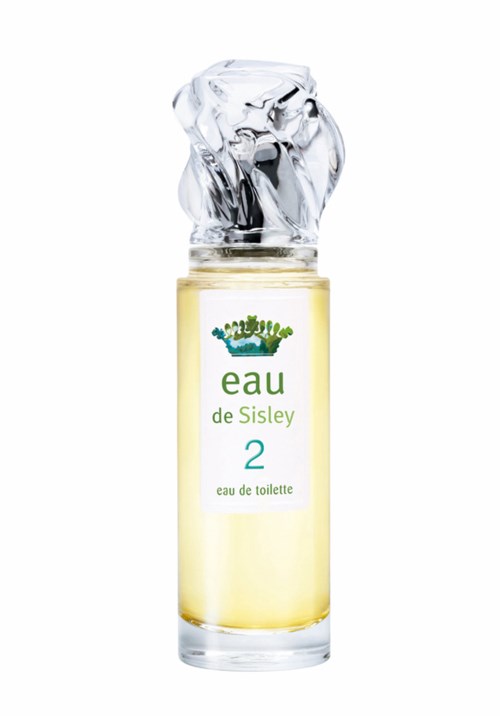 A perfume bottle with a clear glass design, a yellow liquid inside, and a decorative ice-shaped cap.