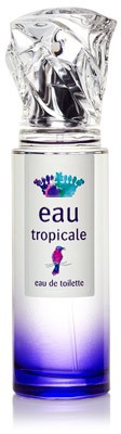 En parfymflaska märkt 'eau tropicale' med blå och lila gradient och en färgglad handavtrycklogga.