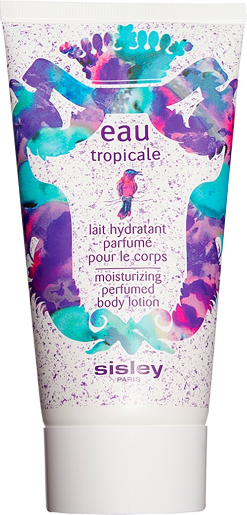 En färgglad illustrerad design med delfiner och splashar på en fuktgivande kroppslotionrör, märkt 'eau tropicale' av Sisley.