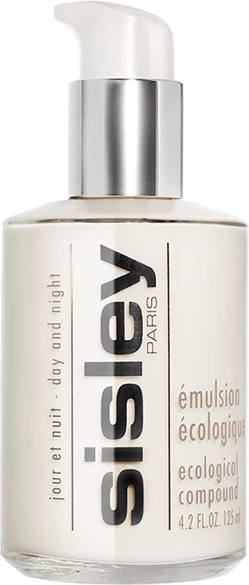 En vit flaska med pump, märkt 'SISLEY PARIS,' för dag- och nattvård, med ekologisk och ekologisk blandning.