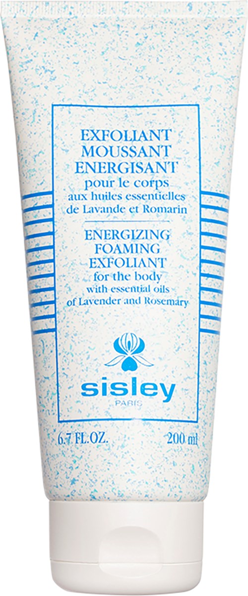 En vit tub med blå text och design, märkt som en energigivande kroppsscrub med lavendel- och rosmarinoljor.