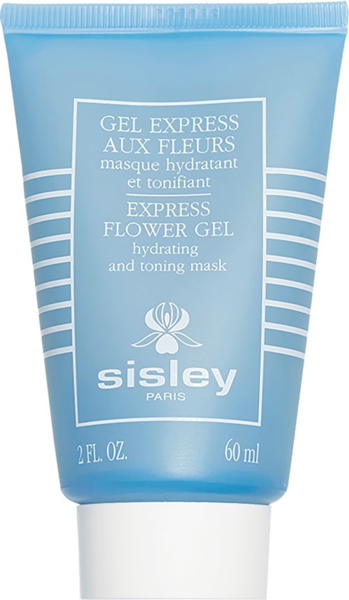 En blå tub med Sisley Paris Express Flower Gel, en återfuktande och tonande ansiktsmask, med vit text och design.