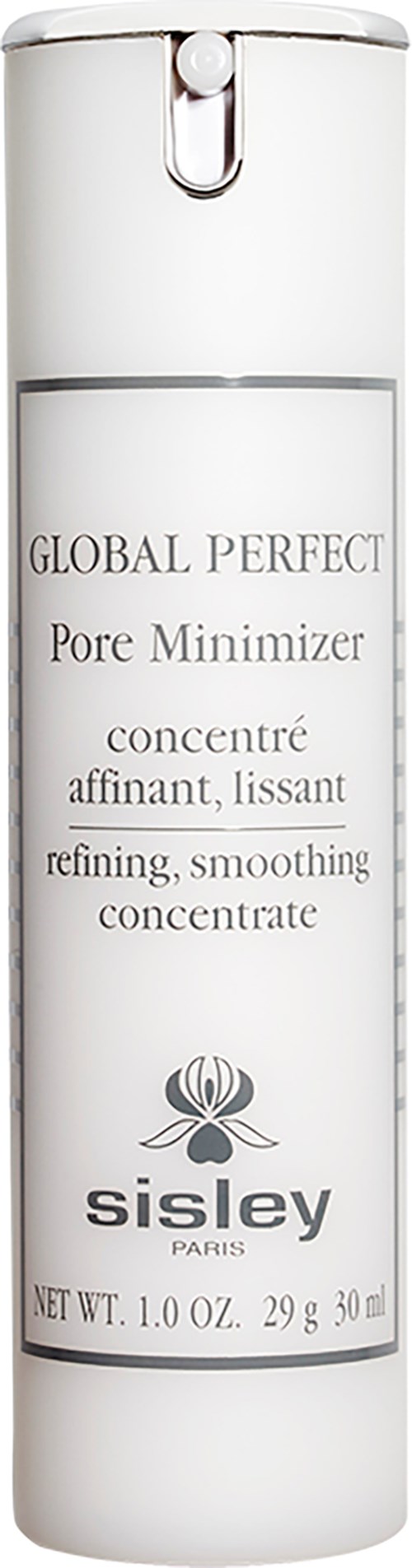 Pitkä valkoinen pullo pumpulla, merkiltään "Global Perfect Pore Minimizer" by Sisley Paris, 30 ml.