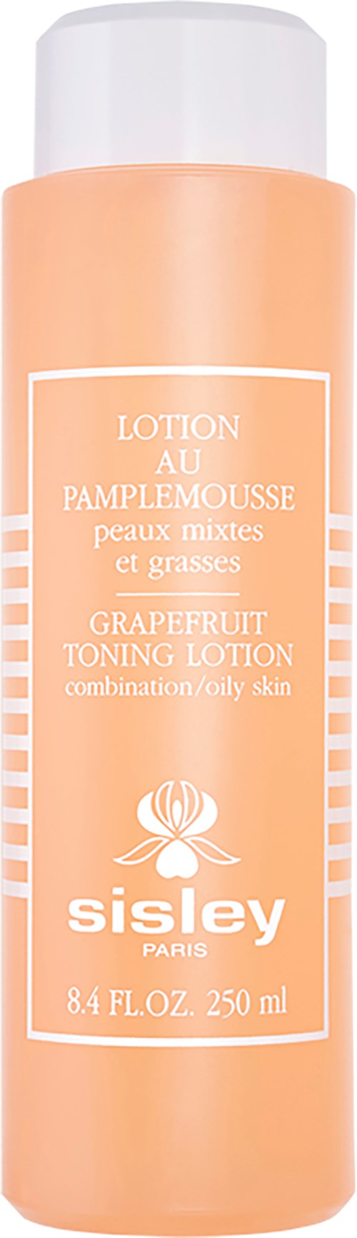 En rosa flaska med grapefrukt toner lotion för fet hud, med vit lock och en etikett som visar märke och detaljer.