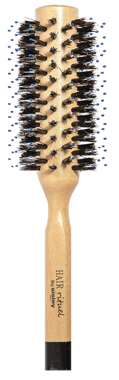 Puinen hiusharja, jossa on mustat harjat ja siniset päällysteet, luki "HAIR felt".