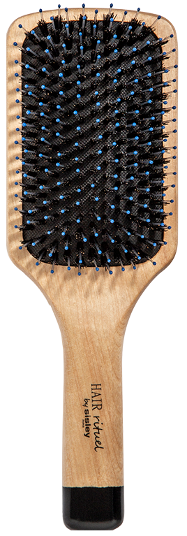 Puinen hiusharja, jossa mustat harjat ja siniset kärjet, teksti: "HAIR straight" ja "byRezo".