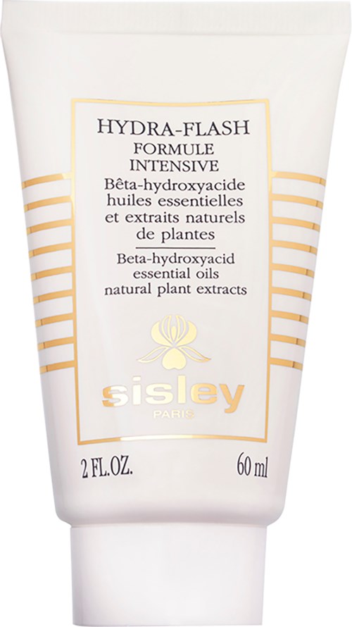 En hvit tube med gullfarget og svart tekst, merket Sisley Hydra-Flash, inneholder hudpleieprodukt med naturlige planteekstrakter.