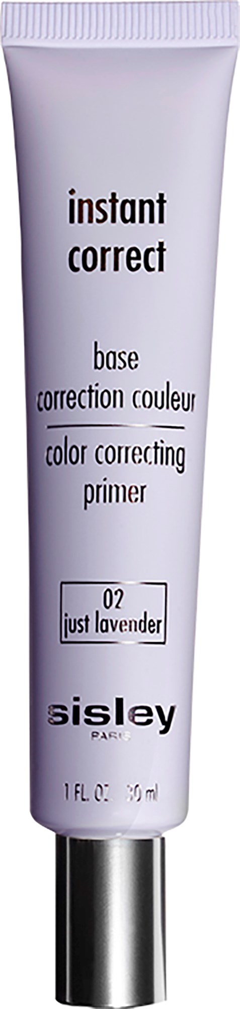 En tub med Sisley Instant Correct färgkorrigerande primer med lavendelfärg. Den har svart text på en vit tub.