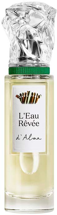 En parfymeflaske merket 'L'Eau Rêvée d'Alma' med et kron symbols og en klar glass kropp.