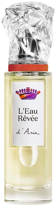 En liten parfymeflaske med klar topp, rød band og etikett som sier 'L'Eau Rêvée d'Aria' og en dropper inni.