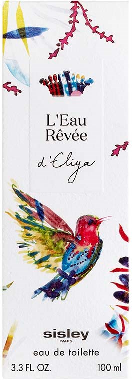 Fargerik illustrasjon av en kolibri med blomster og blader, med teksten 'L'Eau Rêvée d'Liya' og 'Sisley Paris'.