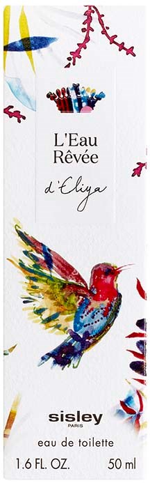 En fargerik illustrasjon av en kolibri med livlige vinger, omgitt av blader og blomster, på en parfymeemballasjelabel.