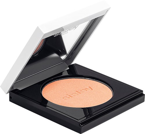 A compact makeup mirror with peach-colored highlighter inside a black case.