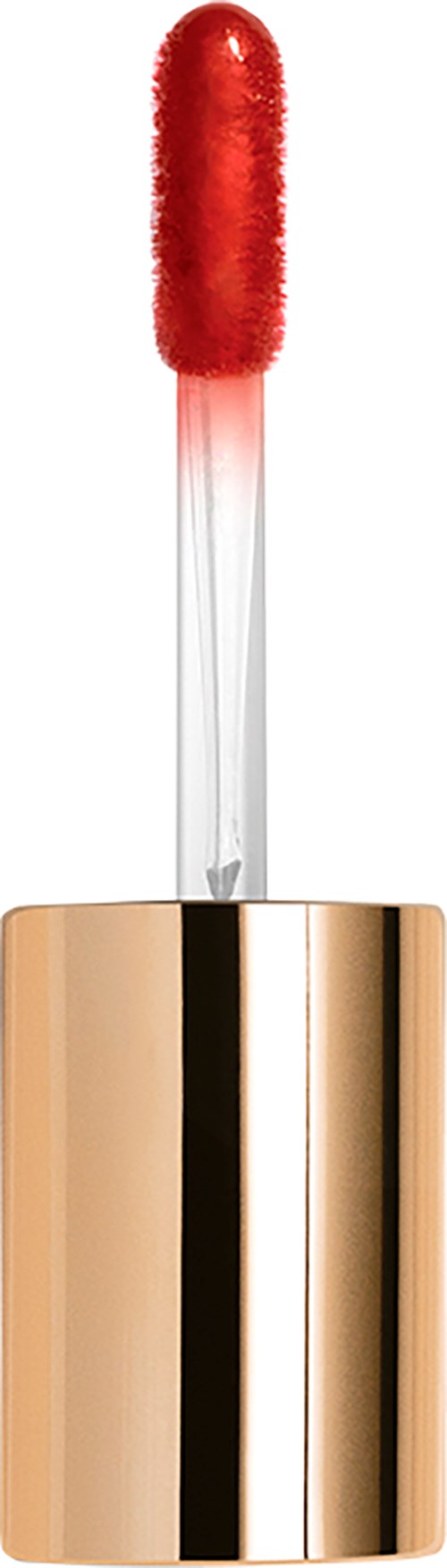 A lipstick with a red soft applicator and a shiny gold case.
