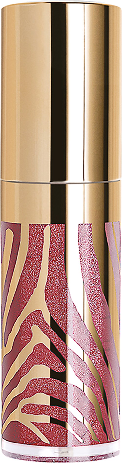 Een lippenstiftomslag met een roze en gouden abstract zebra patroon en een glanzende gouden dop.