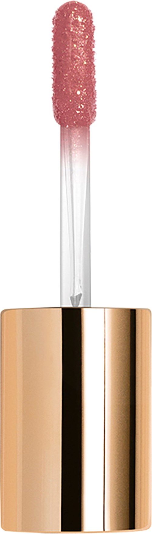 Een close-up van een lipglossapplicator met roze glans en een glanzende gouden tube.