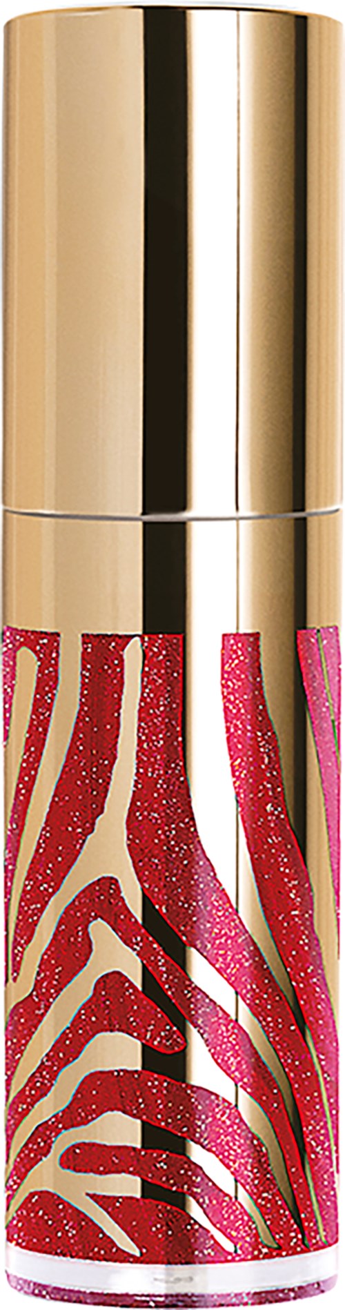 A cylindrical container with a gold top and pink zebra pattern design. It appears to be a cosmetic or spray bottle.