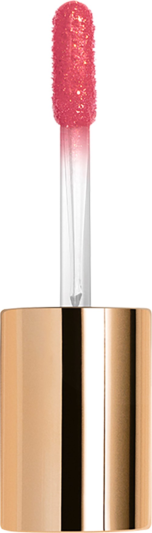 A lip gloss applicator with a pink, textured tip and a shiny gold cap.