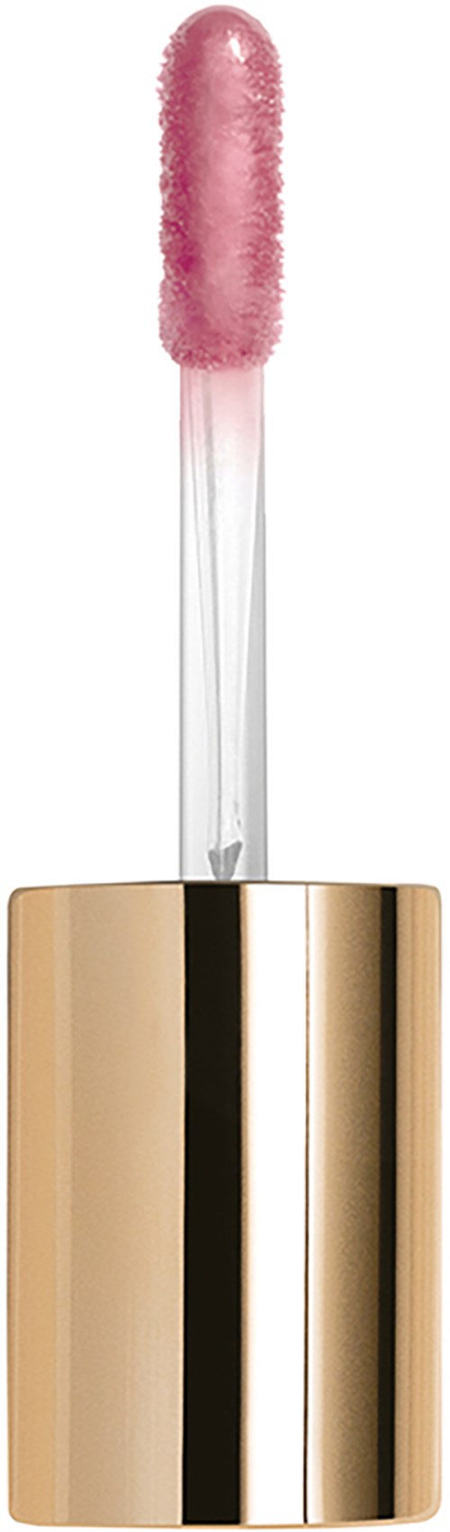 Ein Lipgloss mit einem pinken, pelzigen Applikator und einem glänzenden goldenen Deckel.