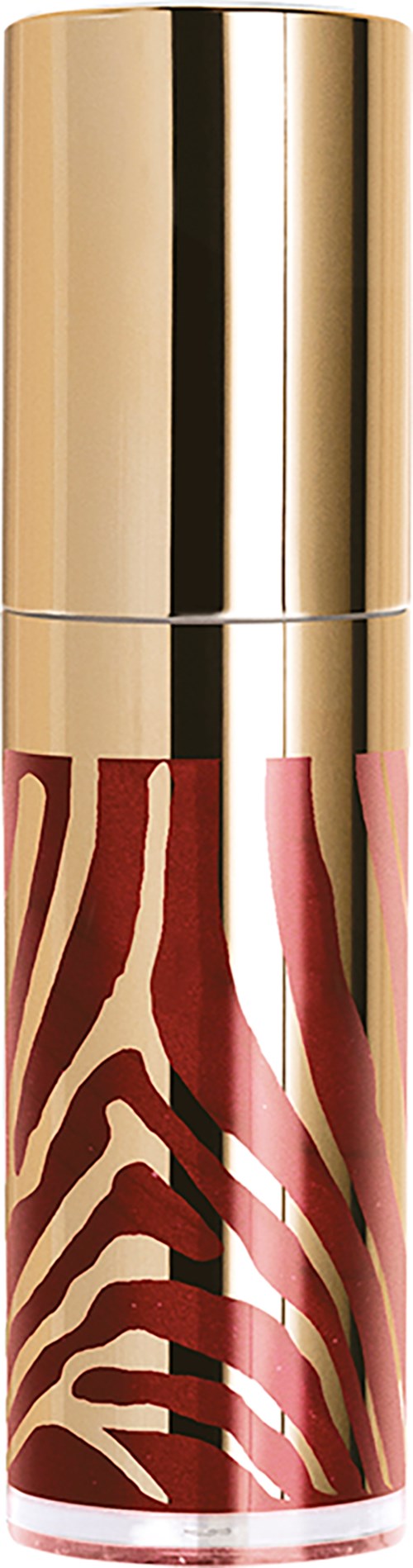 Een make-up of lipstickbussel met een gouden dop en een patroon van rode en beige strepen.