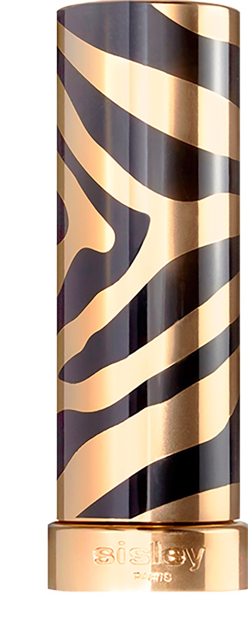 En høj, cylindrisk genstand med zebra-striber i guld og sort og en guldfarvet base.