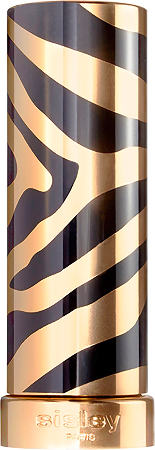 Ein langer zylindrischer Gegenstand mit Gold- und Schwarzem Zebramuster, möglicherweise ein Lippenstift oder Kosmetiktube.