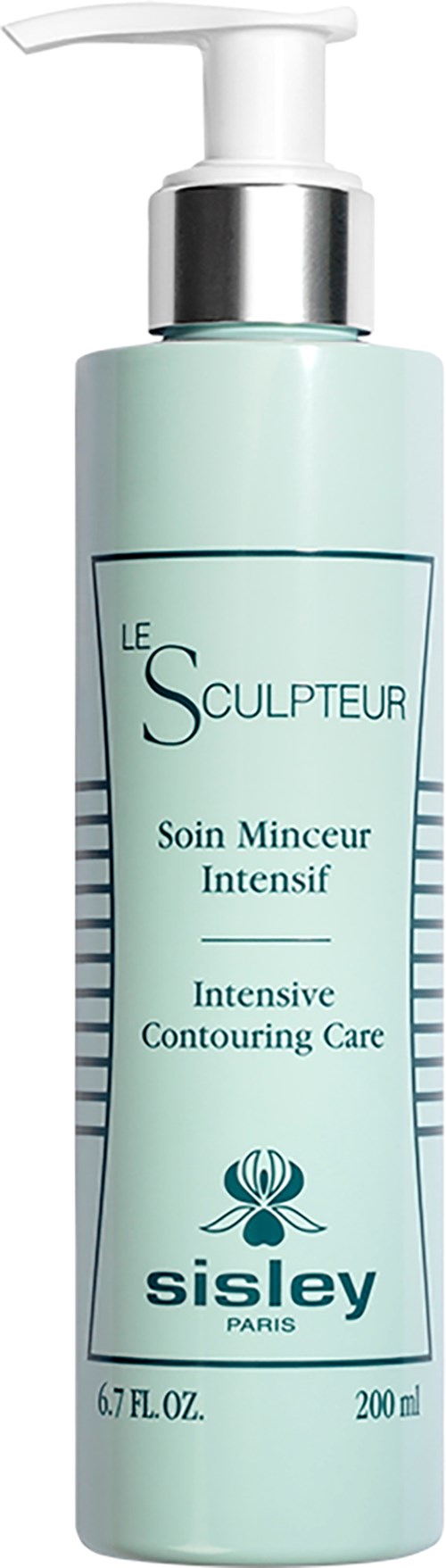 En ljusgrön flaska med pump, märkt Le Sculpteur, Sisley Paris, för intensiv kroppkonturering, 200 ml.