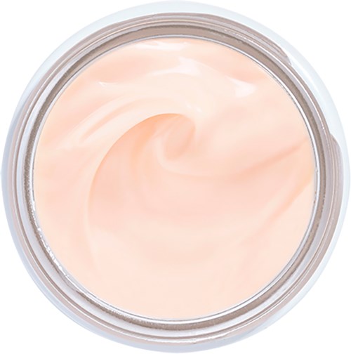 Ett glasburk med rosa, krämig lotion eller fuktighetskräm inuti. Burken är öppen och visar den släta substansen.