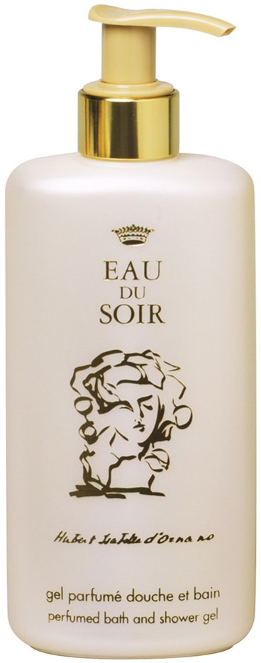En vit flaska med gul pump och etikett, med en linjeteckning av ett ansikte och texten 'Eau du Soir' och mer.