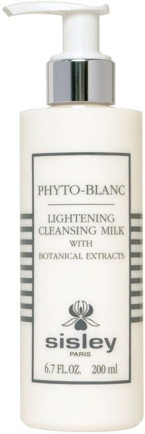 En vit flaska med pump märkt 'Phyto-Blanc' för rengöring av huden, med växtextrakt, av Sisley Paris.