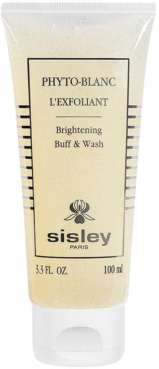 En tube av Sisley Brightening Buff & Wash med svart-hvite striper, tekst og logo.