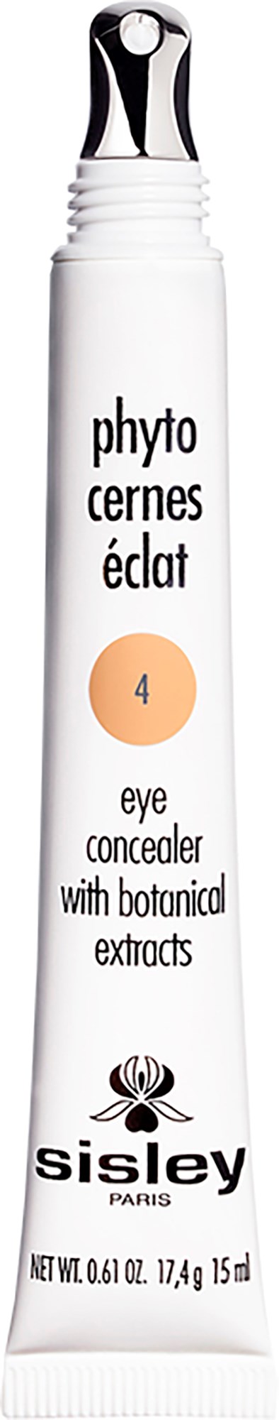 En hvid tube øjenconcealer med sort og sølvlåg, mærker til brug og mærket Sisley Paris.