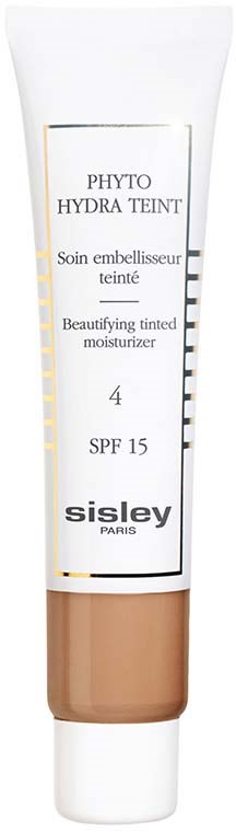 Beige putkilasi Sisley Phyto Hydra Teint -sävyvoiteesta, sisältää tietoja ranskaksi ja englanniksi.