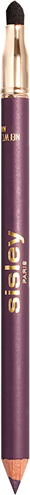 A purple and gold makeup eyebrow pencil with a sharpened tip and a clear cap.