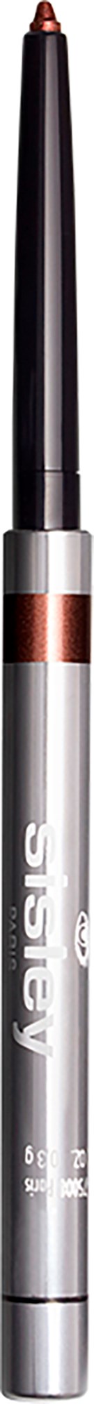 En silver och svart Eyeliner-penna med ett brunt band, stående upprätt mot en svart bakgrund.