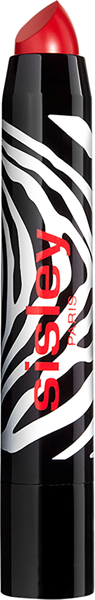 A black lipstick tube with a red lipstick tip. Zebra stripe pattern and the name 'SISLEY' in red on the side.