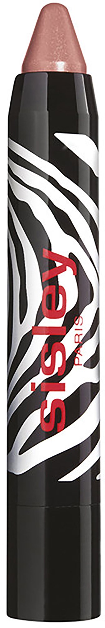 En eyelinerpenna med zebra-mönster i svart och vitt, rosa lock och röd text "Sислей".