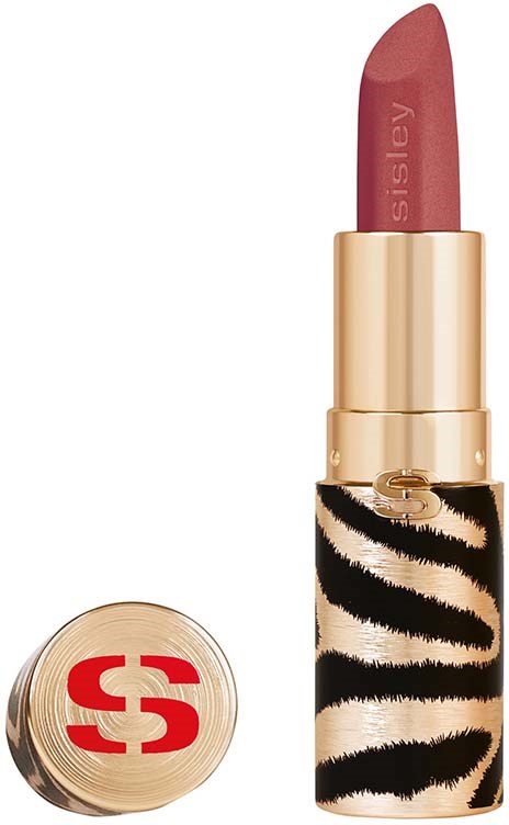 Huul lipstick, jossa on seeprakuvio, vaaleanpunainen väri ja kultaiset yksityiskohdat.