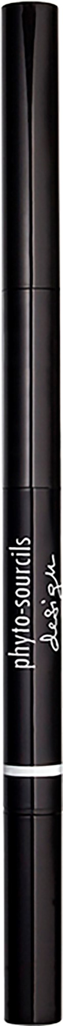 Musta eyeliner-kynä, jossa on valkoinen teksti 'phyto-sourcil', pitkä ja ohut, mustan taustan edessä.